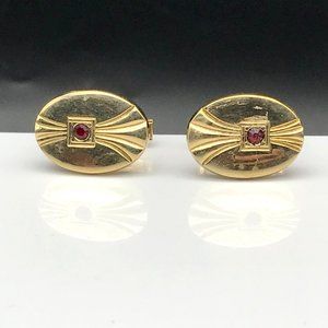 Vintage Oval Cuff Links, Dapper Gold Tone with Red Accent Crystal, Gift for Him